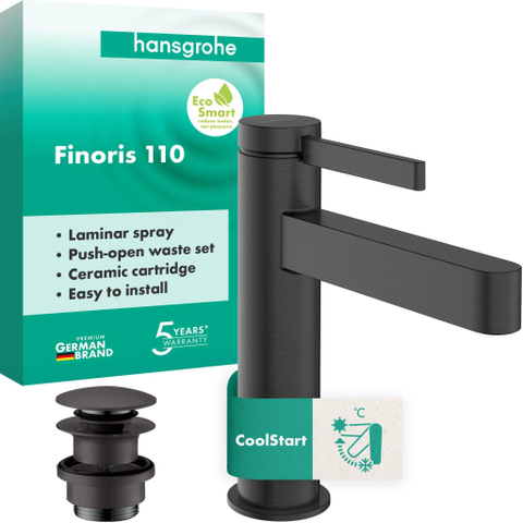 Hansgrohe Finoris Wastafelmengkraan - 11cm - eengreeps - coolstart - afvoerplug - zwart chroom SW1388362