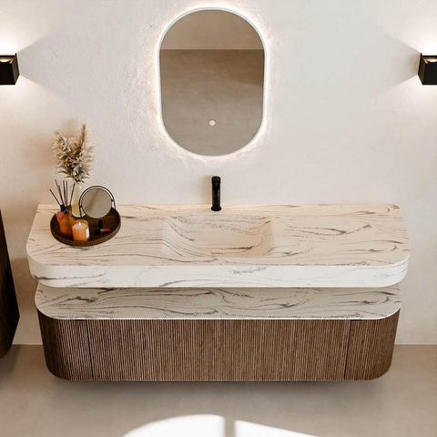 MONDIAZ THOR-DLUX 170cm meuble de salle de bains arrondi gauche + droite couleur Walnut avec 1 tiroir et 2 portes. Vasque suspendue CLOUD Milieu 1 trou de robinet couleur Nata. SW1465780