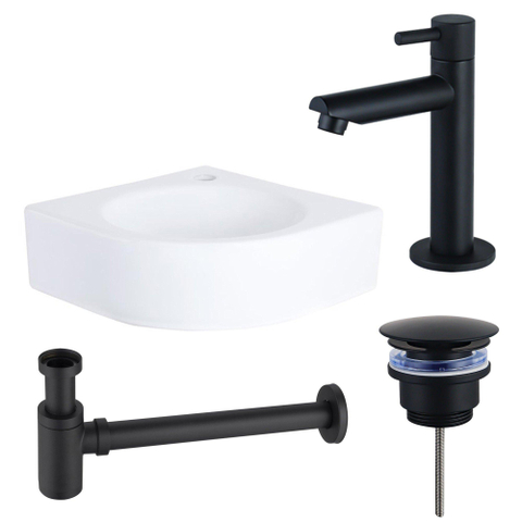 QeramiQ Fuente Pack Lave-mains d'angle - 30x30x10cm - 1 trou de robinet - céramique - robinet Noir mat - Blanc SW1111511