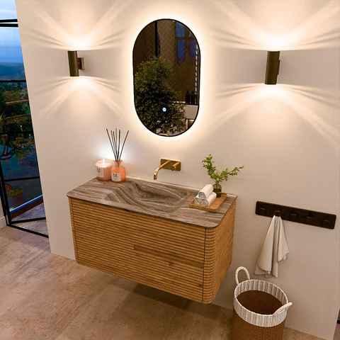 Mondiaz CIRO-DLUX Badkamermeubelset - 100x45x50cm - Solid surface wastafel Sombra - 1 wasbak Midden - zonder kraangaten - 2 lades - Oak SW1531232