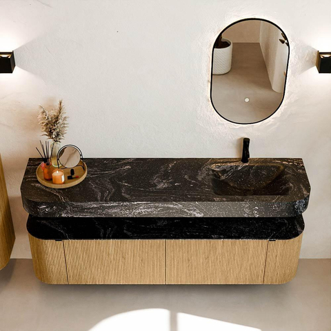 MONDIAZ THOR-DLUX 180cm badmeubel ronding links + rechts kleur Oak met 2 lades en 2 deuren. Vrijhangende wastafel CLOUD Rechts 1 kraangat kleur Lava. SW1465922