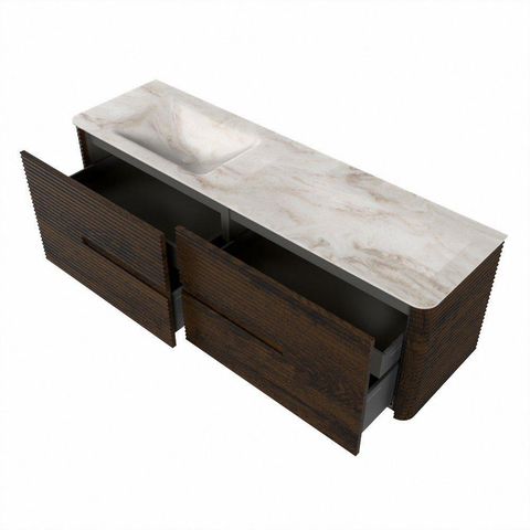 Mondiaz CIRO-DLUX Ensemble de meuble de salle de bains - 160x45x50cm - Plan vasque solid surface Frappe - 1 vasque à gauche - sans trous de robinet - 4 tiroirs - Noyer SW1530208