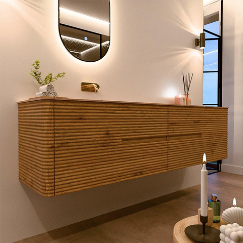 Mondiaz CIRO-DLUX Ensemble de meubles de salle de bains - 190x45x50cm - lavabo en solid surface Saba - 1 vasque à gauche - sans trous de robinet - 4 tiroirs - Chêne SW1531233