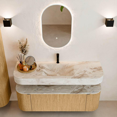 MONDIAZ THOR-DLUX 140cm meuble de salle de bains arrondi gauche + droite couleur Oak avec 1 tiroir et 2 portes. Vasque suspendue CLOUD Milieu 1 trou de robinet couleur Frappe. SW1463913