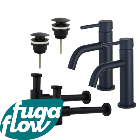FugaFlow Eccelente Sobrado Badkamer Slim Wastafelkraanset - voor dubbele wastafel - lage wastafelkraan - klikwaste plug - verlaagde design sifon - Mat zwart SW1124408