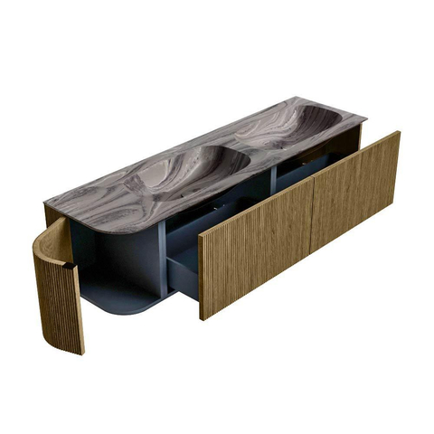 MONDIAZ KURVE-DLUX 165cm meuble de salle de bains arrondi à gauche couleur Dusk avec 2 tiroirs et 1 porte. Lavabo STOR SMALL Double / Droite 2 trous de robinet Sombra. SW1433902