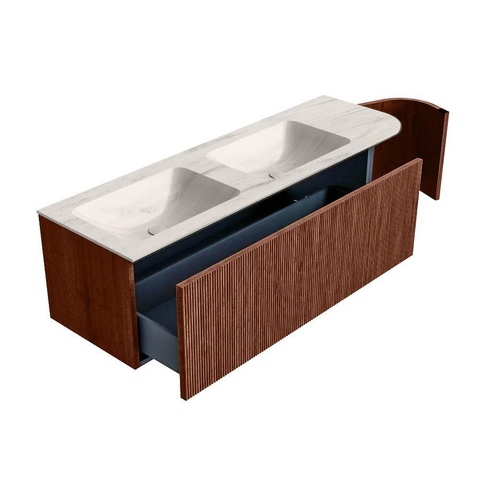 MONDIAZ KURVE-DLUX Meuble de salle de bains 145cm arrondi à droite couleur Ruby avec 1 tiroir et 1 porte. Lavabo LEAF Double / Gauche 2 trous de robinet Meli. SW1432040