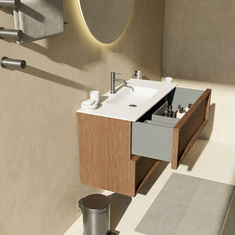Saniclass Holz Frame Ensemble meuble de salle de bains - 100x45x61.5cm - Lavabo Flow en solid surface blanc - 1 vasque - 1 trou de robinetterie - 2 tiroirs - walnut pure mat (bois) SW1579972