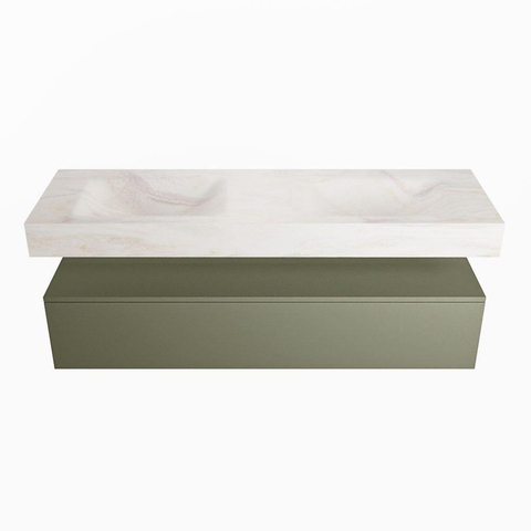 Mondiaz ALAN-DLUX Ensemble de meuble - 150cm - meuble - Army mat - 1 tiroir - Lavabo Cloud Ostra suspendu - vasque gauche et droite - 2 trous de robinet - Beige SW807809