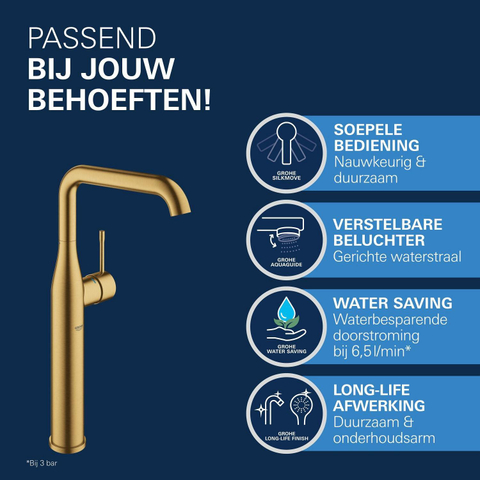 Grohe Essence New Wastafelkraan Opbouw - uitloop 17.9cm - XL-size hoge draaibare uitloop - EcoJoy - brushed cool sunrise (goud) SW98765