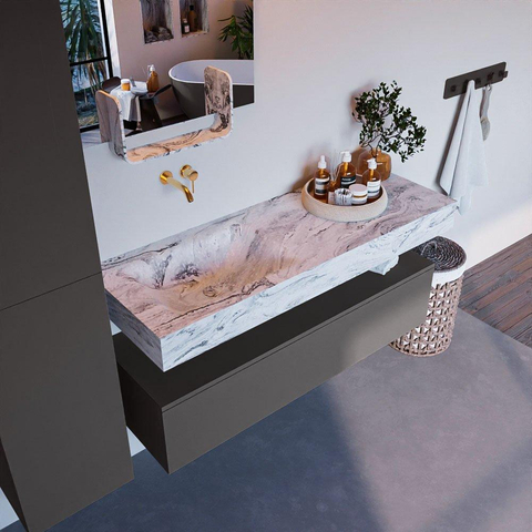 Mondiaz ALAN-DLUX Ensemble de meuble - 130cm - meuble Dark grey mat - 1 tiroir - Lavabo Cloud Glace suspendu - vasque Gauche - 0 trous de robinet SW805422