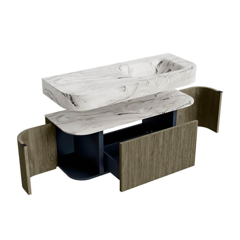 MONDIAZ THOR-DLUX Meuble de salle de bains 120cm arrondi gauche + droite couleur Shadow avec 1 tiroir et 2 portes. Vasque suspendue CLOUD Droite sans trou de robinet couleur Glace. SW1463147