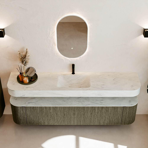 MONDIAZ THOR-DLUX 200cm meuble de salle de bains arrondi gauche + droite couleur Shadow avec 2 tiroirs et 2 portes. Vasque suspendue CLOUD Milieu 1 trou de robinet couleur Opalo. SW1467047