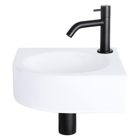 Differnz Cleo kit lave-mains - 30x30x10cm - quart de rond - 1 trou de robinet - robinet courbé noir mat - céramique blanche SW373125