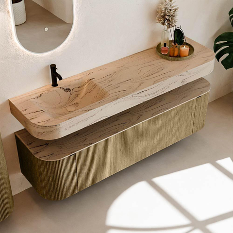 MONDIAZ THOR-DLUX 170cm meuble de salle de bains arrondi gauche + droite couleur Dusk avec 1 tiroir et 2 portes. Vasque suspendue CLOUD Gauche 1 trou de robinet couleur Arena. SW1465813