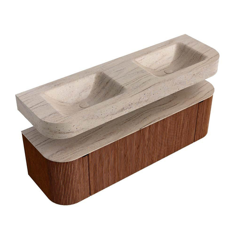 MONDIAZ THOR-DLUX 150cm meuble de salle de bains arrondi gauche + droite couleur Ruby avec 1 tiroir et 2 portes. Vasque suspendue CLOUD Double 2 trous de robinet couleur Saba. SW1464896