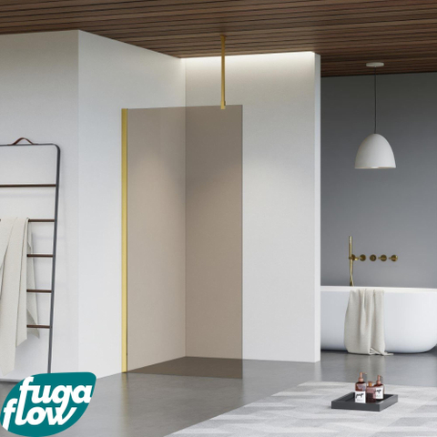 FugaFlow Eccelente Vetro Douche à l'italienne - 30x200cm - Fumé - Bras plafond - Laiton Brossé (Doré) SW1124672