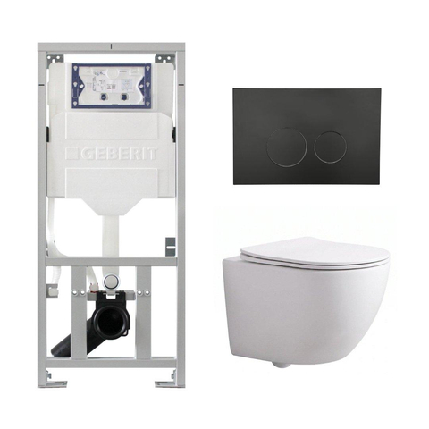 Pack WC QeramiQ Dely Swirl Compact - réservoir encastrable Geberit UP320 - avec bâti-support Burda - abattant slim - plaque de commande en plastique noir mat - boutons ronds - blanc brillant SW1592280