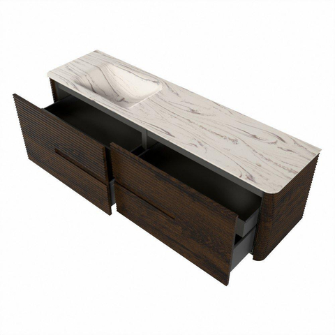 Mondiaz CIRO-DLUX Ensemble de meubles de salle de bains - 170x45x50cm - Plan-vasque solid surface Nata - 1 lavabo à gauche - 1 trou de robinet - 4 tiroirs - Noyer SW1530572