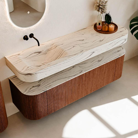 MONDIAZ THOR-DLUX 160cm meuble de salle de bains arrondi gauche + droite couleur Ruby avec 1 tiroir et 2 portes. Vasque suspendue CLOUD Gauche sans trou de robinet couleur Nata. SW1465268