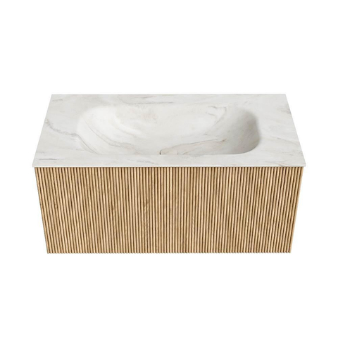 MONDIAZ KURVE-DLUX Meuble de salle de bains 90 cm couleur Oak avec 1 tiroir. Lavabo BIG SMALL centré 1 trou de robinet couleur Ostra. SW1137727