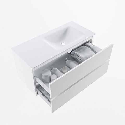 MONDIAZ VICA meuble sous lavabo 100cm Talc 2 tiroirs. Lavabo CLOUD droit sans trou de robinet, couleur Talc. SW1381945