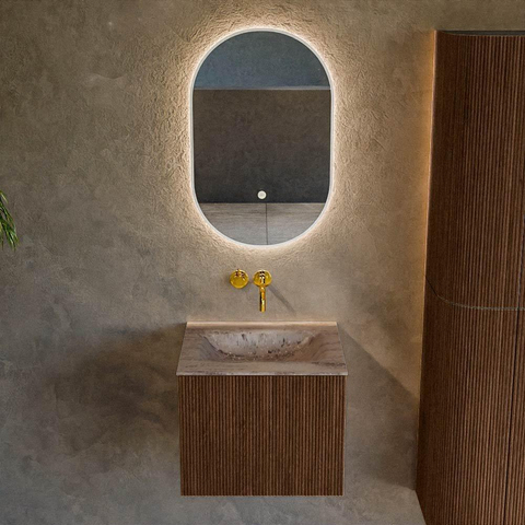 MONDIAZ KURVE-DLUX Meuble de salle de bains 50 cm couleur Walnut avec 1 tiroir et 0 porte. Lavabo GRUNNE Milieu sans trou de robinet Oza. SW1432717