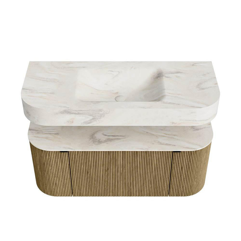 MONDIAZ THOR-DLUX 110cm meuble de salle de bains arrondi gauche + droite couleur Dusk avec 1 tiroir et 2 portes. Vasque suspendue CLOUD Milieu 1 trou de robinet couleur Ostra. SW1462796