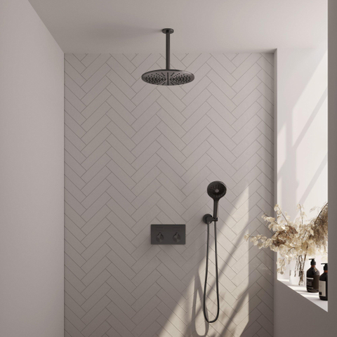 BRAUER gunmetal Edition Douche de pluie thermostatique encastrée - boutons-poussoirs - SET 60 - tête de douche 30 cm - bras de plafond - douchette 3 jets - flexible de douche - coude de raccordement mural - gunmetal brossé PVD SW925726