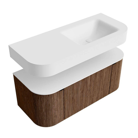 MONDIAZ THOR Meuble de salle de bains 110cm arrondi gauche + droite couleur Walnut avec 1 tiroir et 2 portes. Vasque suspendue CLOUD Droite 1 trou de robinet couleur Talc. SW1462756