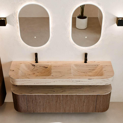 MONDIAZ THOR-DLUX 160cm meuble de salle de bains arrondi gauche + droite couleur Walnut avec 1 tiroir et 2 portes. Vasque suspendue CLOUD Double 2 trous de robinet couleur Arena. SW1465129