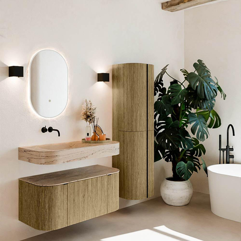 MONDIAZ THOR-DLUX 100cm meuble de salle de bains arrondi gauche + droite couleur Dusk avec 1 tiroir et 2 portes. Vasque suspendue CLOUD Gauche sans trou de robinet couleur Arena. SW1467454