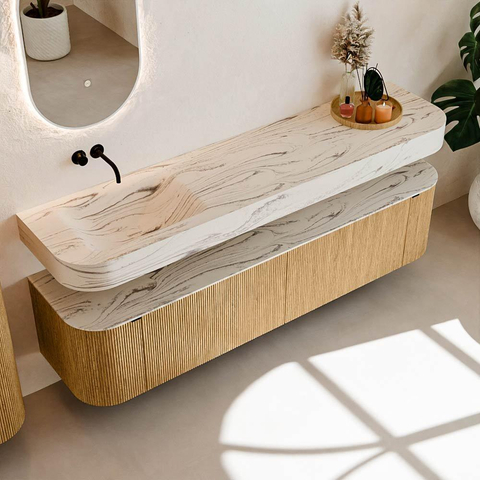 MONDIAZ THOR-DLUX 190cm meuble de salle de bains arrondi gauche + droite couleur Oak avec 2 tiroirs et 2 portes. Vasque suspendue CLOUD Gauche sans trou de robinet couleur Nata. SW1466762