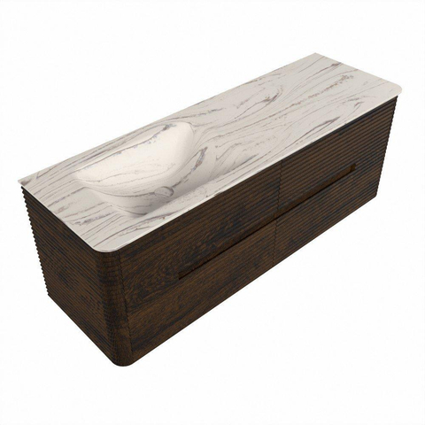 Mondiaz CIRO-DLUX Badkamermeubelset - 140x45x50cm - Solid surface wastafel Nata - 1 wasbak Links - zonder kraangaten - 4 lades - Walnut SW1530581