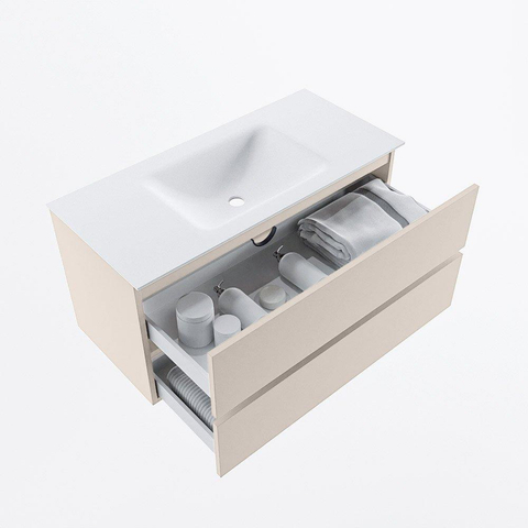 MONDIAZ VICA Badkamermeubelset - 100cm - onderkast linen- 2 lades - wastafel cloud midden - zonder kraangaten - 60cm hoge versie - talc OUTLETSTORE STORE44906