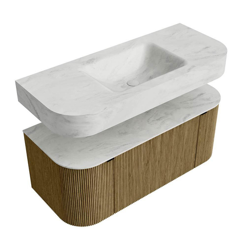 MONDIAZ THOR-DLUX Meuble de salle de bains - 110cm - arrondi gauche + droite - couleur Dusk - 1 tiroir - 2 portes - Vasque suspendue CLOUD Milieu 1 trou de robinet - couleur Opalo SW1462821