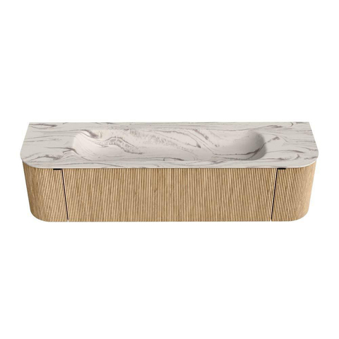 MONDIAZ KURVE-DLUX Meuble de salle de bains 170cm arrondi Gauche + Droite couleur Chêne avec 1 tiroir et 2 portes. Lavabo BIG LARGE Central 2 trous de robinet Nata. SW1434029