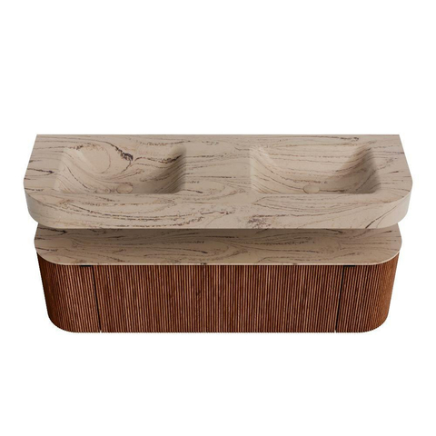 MONDIAZ THOR-DLUX 150cm meuble de salle de bains arrondi gauche + droite couleur Ruby avec 1 tiroir et 2 portes. Vasque suspendue CLOUD Double 2 trous de robinet couleur Arena. SW1464748