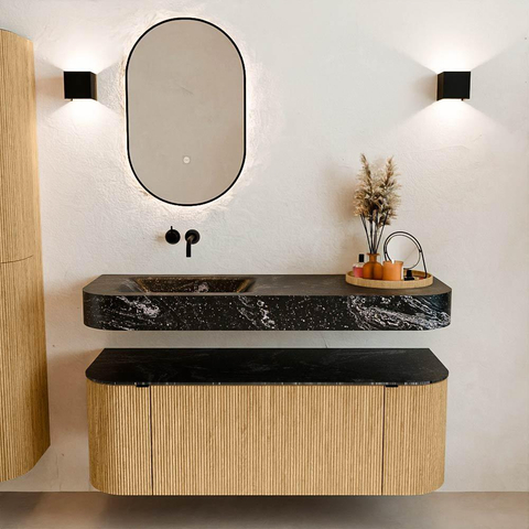 MONDIAZ THOR-DLUX 130cm badmeubel ronding links + rechts kleur Oak met 1 lade en 2 deuren. Vrijhangende wastafel CLOUD Links zonder kraangat kleur Lava. SW1463513