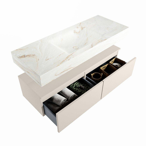 Mondiaz ALAN-DLUX Ensemble de meuble - 120cm - meuble Linen mat - 2 tiroirs - Lavabo Cloud Frappe suspendu - vasque Centre - 1 trou de robinet SW804712