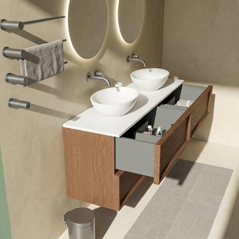 Saniclass Holz Frame Badkamermeubelset - 160x45x62.5cm - Torino solid surface topblad wit - zonder kraangat - 4 lades - mat walnut pure (hout) SW1580024