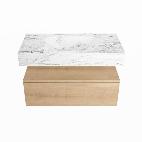 MONDIAZ ALAN - DLUX Ensemble de meuble de salle de bains - 90cm - meuble bas - Chêne lavé - 1 tiroir - lavabo suspendu - vasque centrée - 1 trou de robinet - Glace SW808960