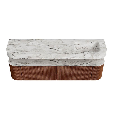MONDIAZ THOR-DLUX 190cm meuble de salle de bains arrondi gauche + droite couleur Ruby avec 2 tiroirs et 2 portes. Vasque suspendue CLOUD Droite 1 trou de robinet couleur Glace. SW1466500