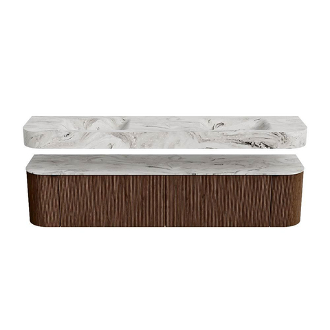 MONDIAZ THOR-DLUX 200cm badmeubel ronding links + rechts kleur Walnut met 2 lades en 2 deuren. Vrijhangende wastafel CLOUD Dubbel 2 kraangaten kleur Glace. SW1466981