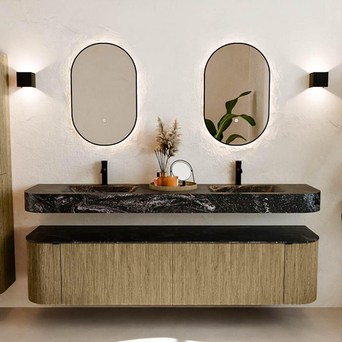 MONDIAZ THOR-DLUX Meuble de salle de bains - 190cm - arrondi gauche + droite - couleur Dusk - 2 tiroirs et 2 portes - Vasque suspendue CLOUD Double 2 trous de robinet - couleur Lava SW1466483
