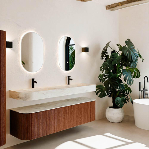 MONDIAZ THOR-DLUX Meuble de salle de bains 170cm arrondi gauche + droite couleur Ruby avec 1 tiroir et 2 portes. Vasque suspendue CLOUD Double 2 trous de robinet couleur Ostra. SW1465500