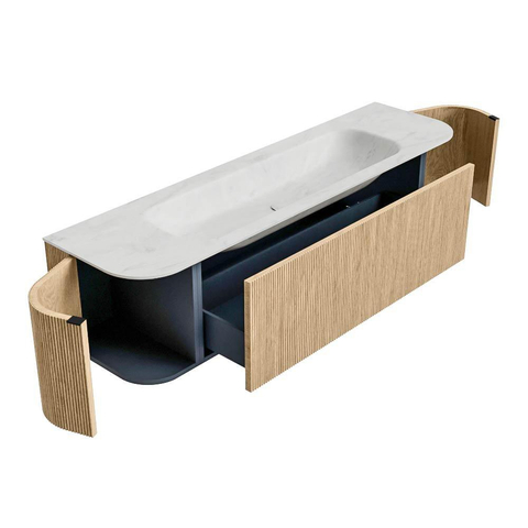 MONDIAZ KURVE-DLUX meuble de salle de bains 170 cm avec module 25 Len R couleur chêne avec 1 tiroir et 2 portes. Lavabo BIG LARGE central sans trou de robinet couleur Opalo. SW1137567