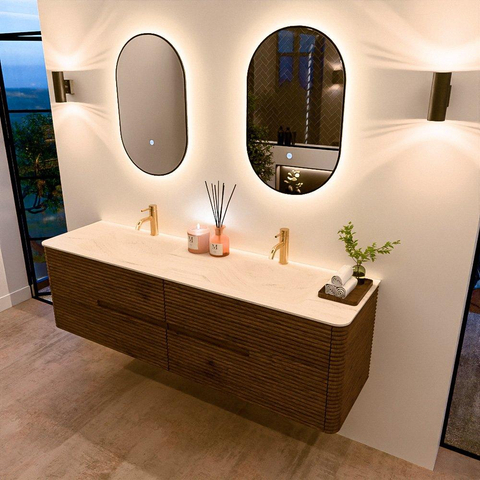 Mondiaz CIRO-DLUX Badkamermeubelset - 170x45x50cm - Solid surface wastafel Meli - 2 wasbak Dubbel - 2 kraangaten - 4 lades - Dusk SW1533182