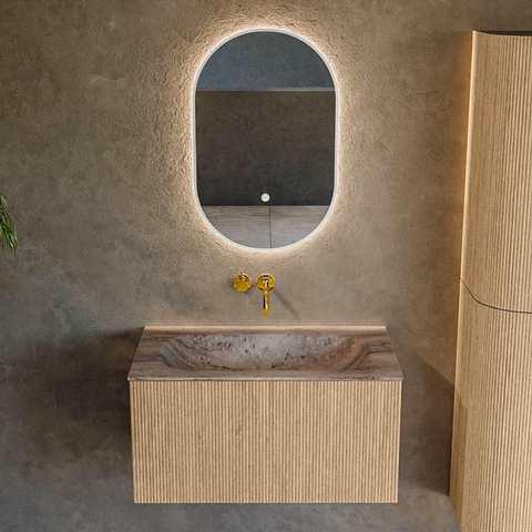 MONDIAZ KURVE-DLUX 80cm badmeubel kleur Oak met 1 lade en 0 deuren. Wastafel BIG SMALL Midden zonder kraangat Oza. SW1432637