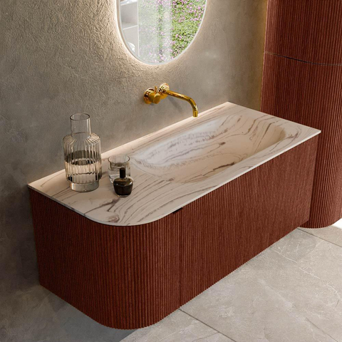MONDIAZ KURVE-DLUX Meuble de salle de bains 105cm arrondi à gauche couleur Ruby avec 1 tiroir et 1 porte. Vasque BIG SMALL à droite sans trou de robinet Nata. SW1432520